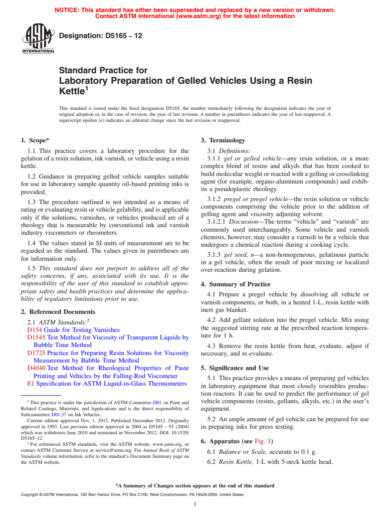 ASTM D5165-12 - Standard Practice for Laboratory Preparation of Gelled Vehicles Using a Resin Kettle