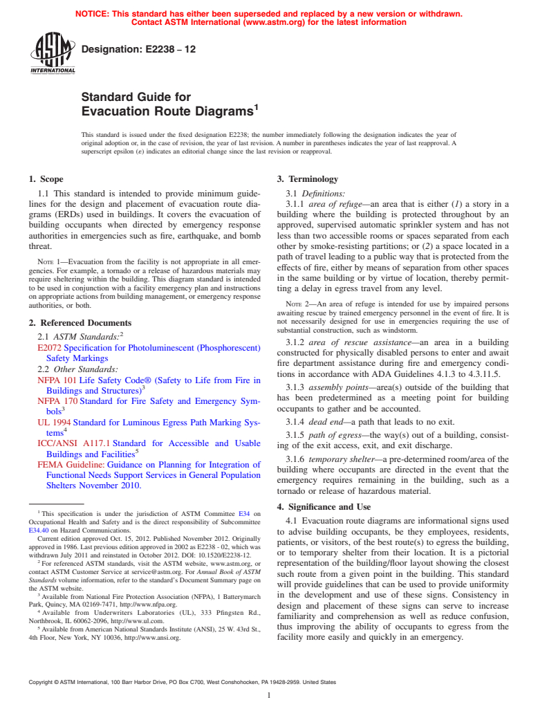 ASTM E2238-12 - Standard Guide for Evacuation Route Diagrams (Withdrawn 2021)