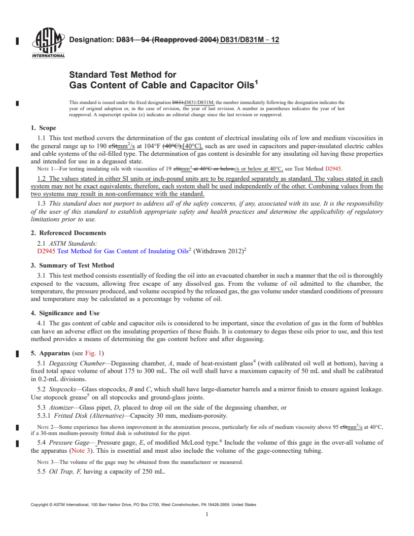 REDLINE ASTM D831/D831M-12 - Standard Test Method for Gas Content of Cable and Capacitor Oils