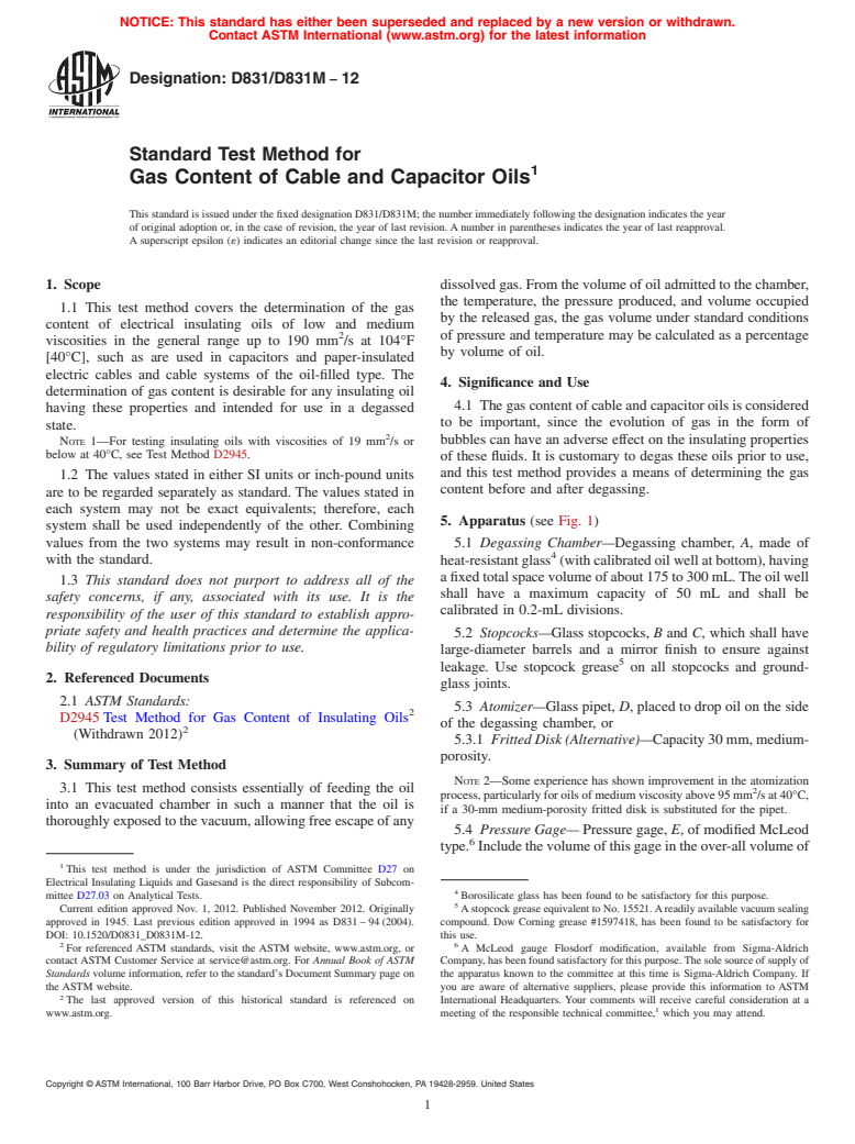 ASTM D831/D831M-12 - Standard Test Method for Gas Content of Cable and Capacitor Oils