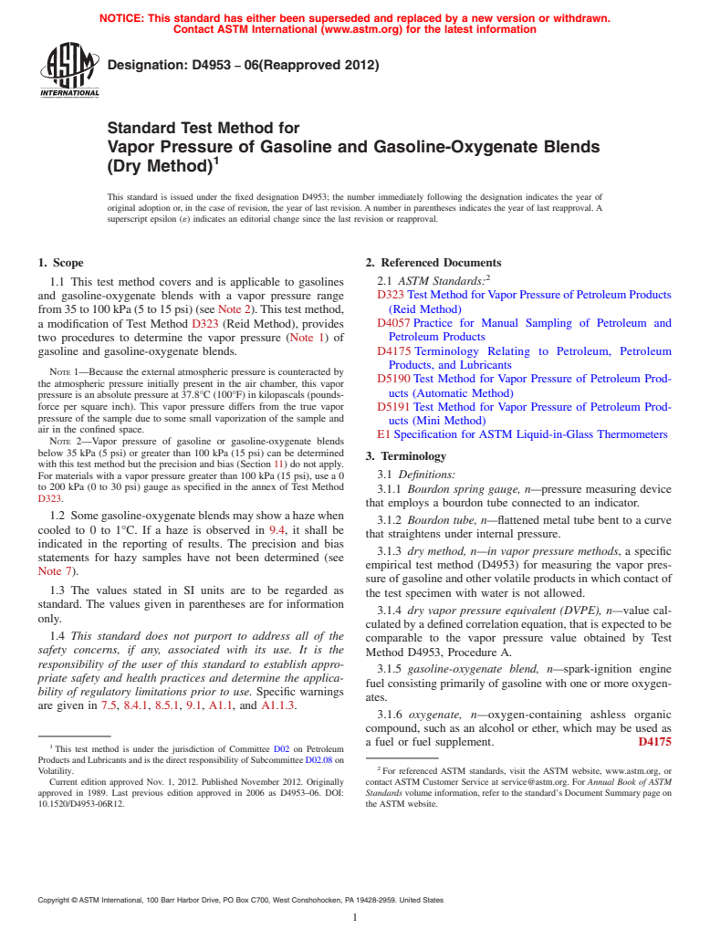 ASTM D4953-06(2012) - Standard Test Method for Vapor Pressure of Gasoline and Gasoline-Oxygenate Blends (Dry   Method)