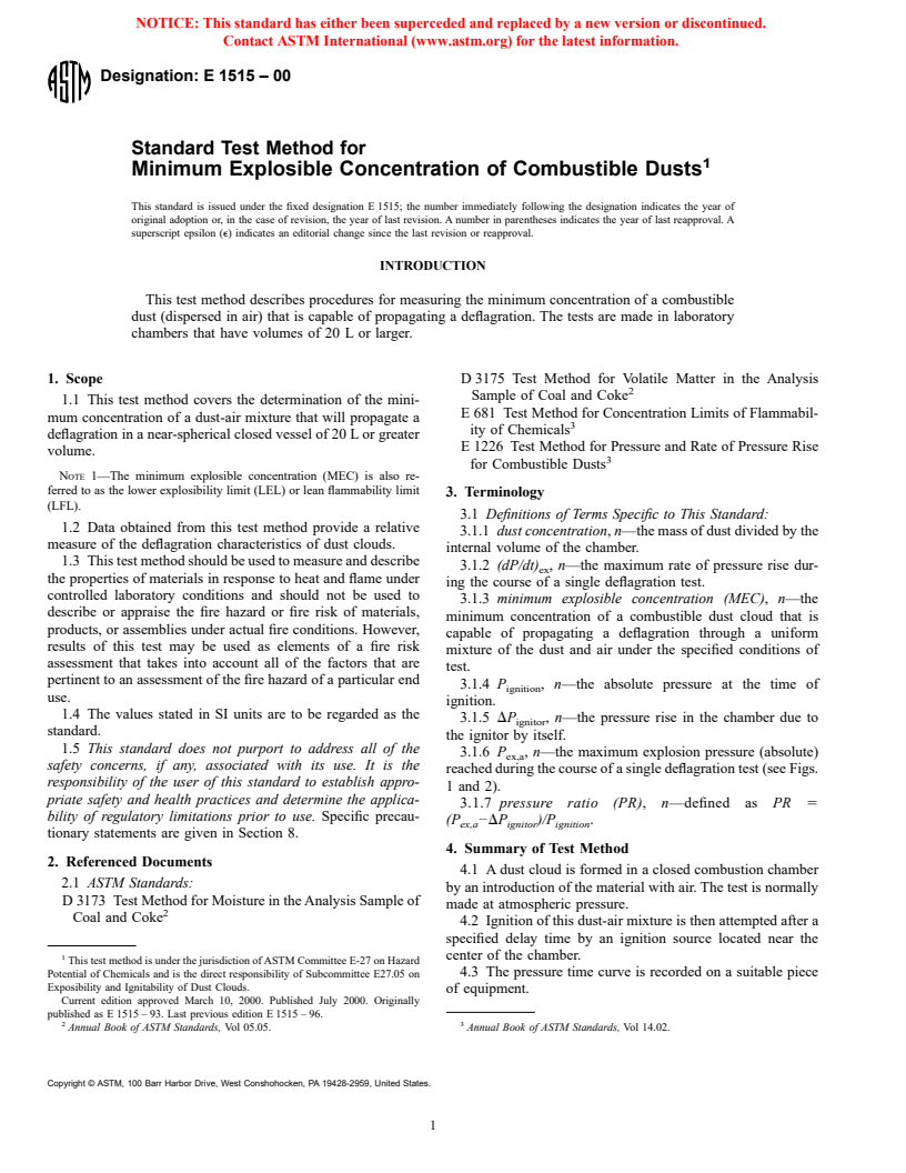 ASTM E1515-00 - Standard Test Method for Minimum Explosible Concentration of Combustible Dusts