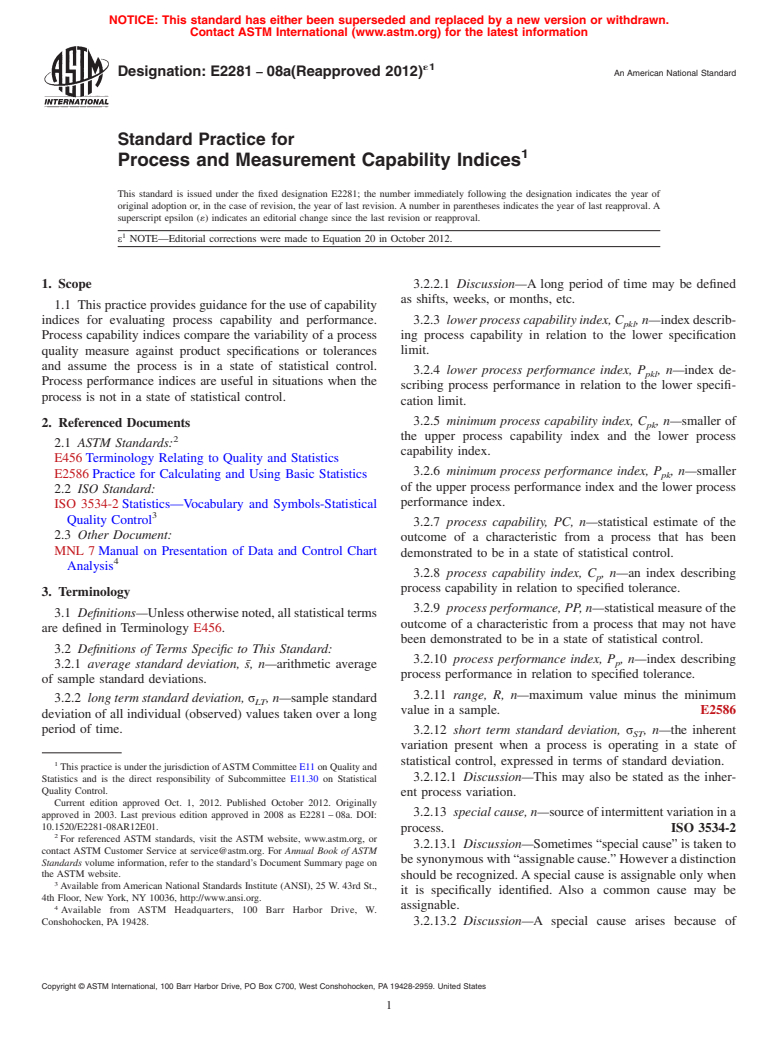 ASTM E2281-08a(2012)e1 - Standard Practice for Process and Measurement Capability Indices