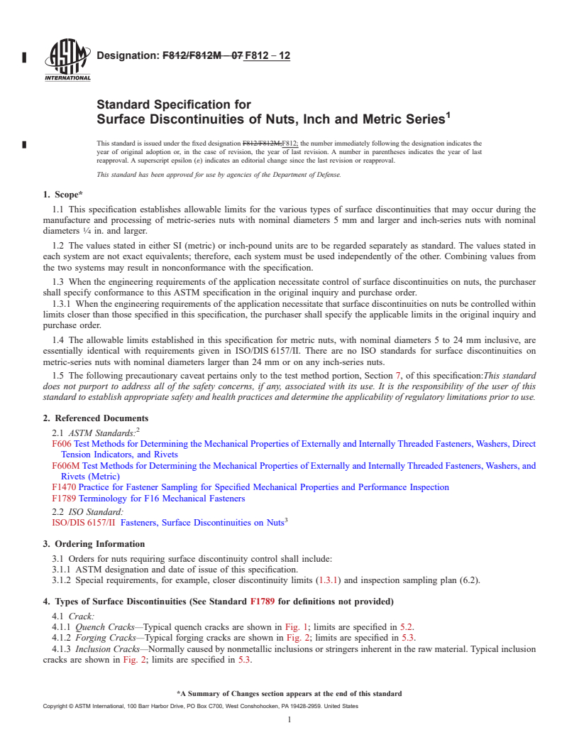 REDLINE ASTM F812-12 - Standard Specification for  Surface Discontinuities of Nuts, Inch and Metric Series