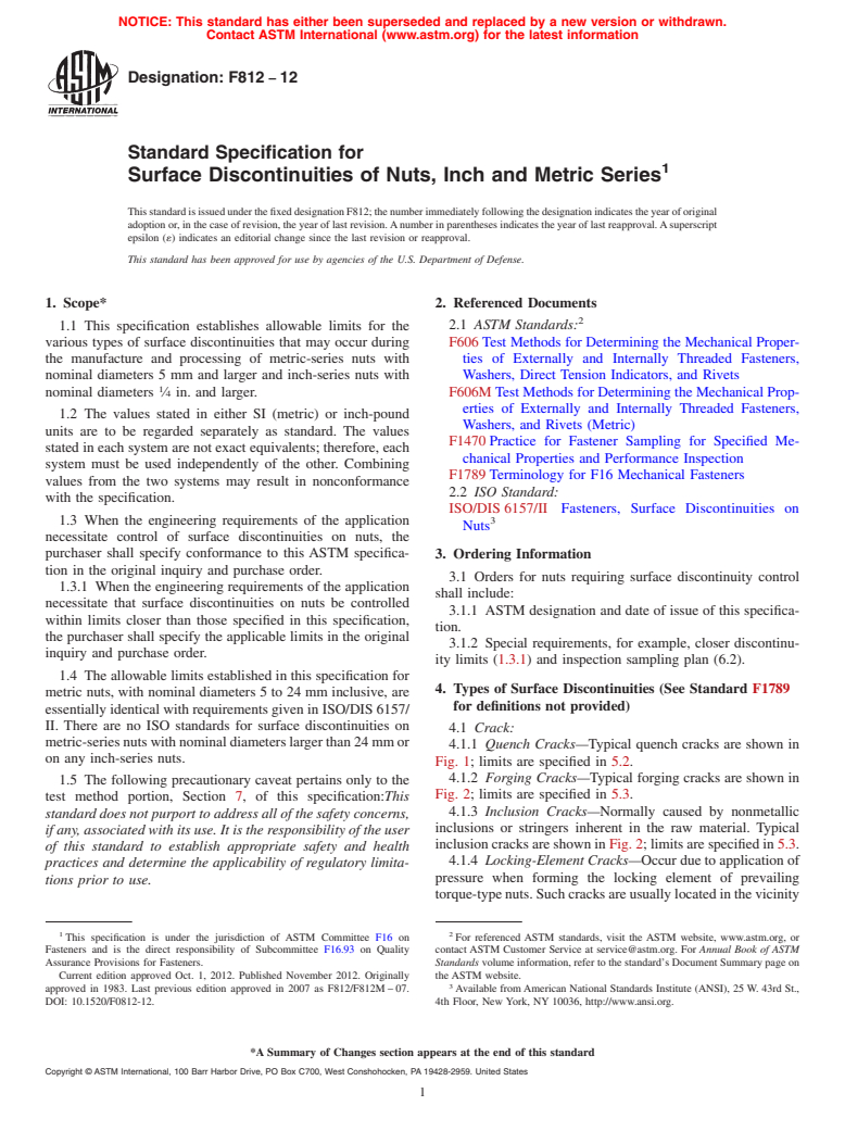 ASTM F812-12 - Standard Specification for  Surface Discontinuities of Nuts, Inch and Metric Series