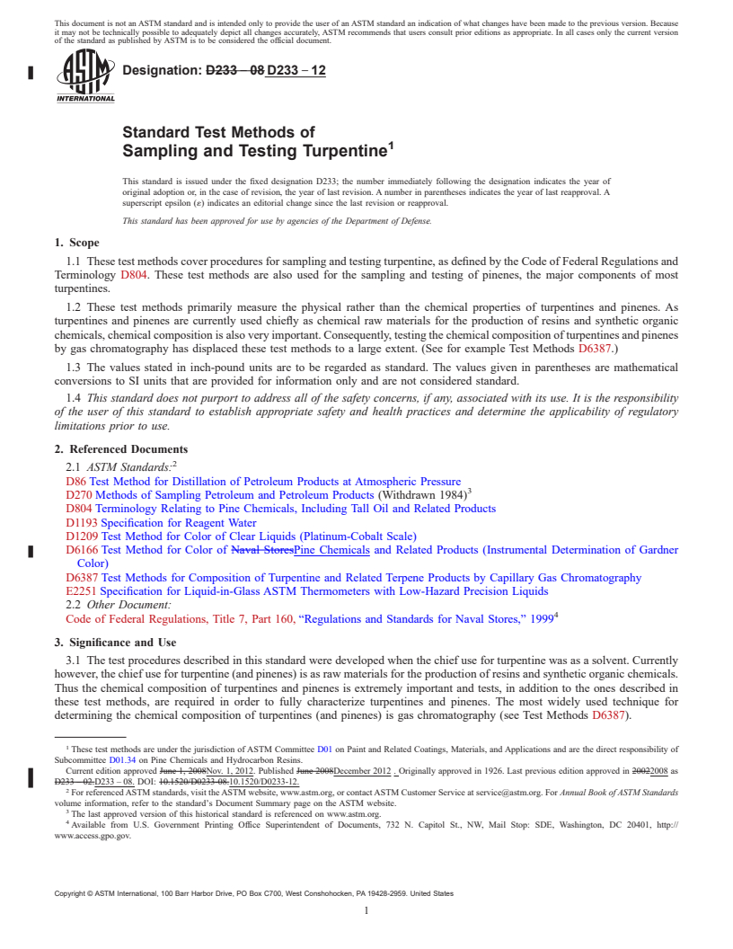 REDLINE ASTM D233-12 - Standard Test Methods of  Sampling and Testing Turpentine