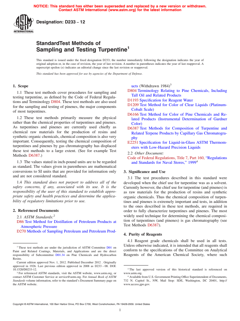 ASTM D233-12 - Standard Test Methods of  Sampling and Testing Turpentine