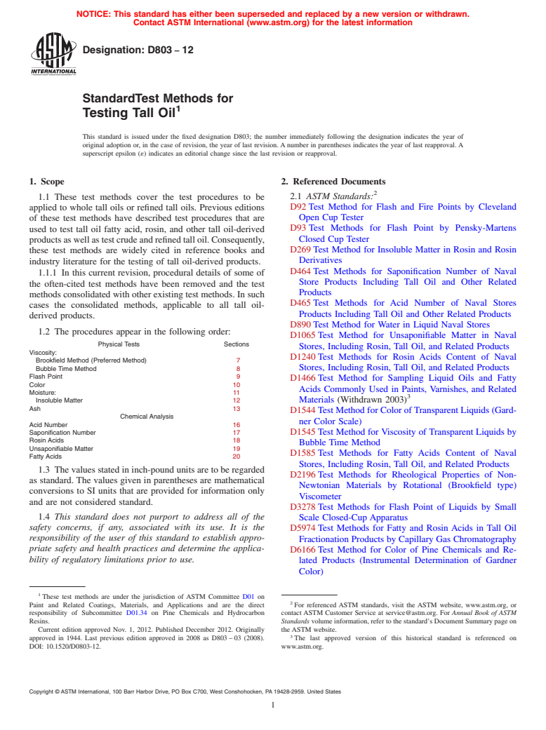 ASTM D803-12 - Standard Test Methods for  Testing Tall Oil