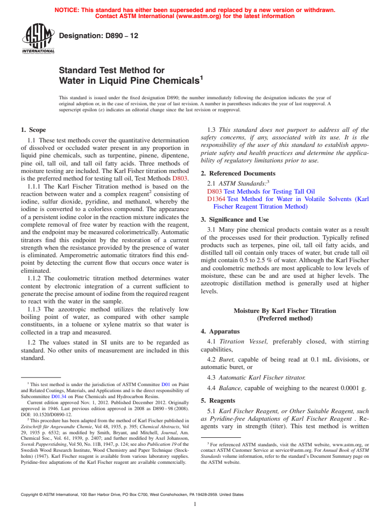 ASTM D890-12 - Standard Test Method for  Water in Liquid Pine Chemicals