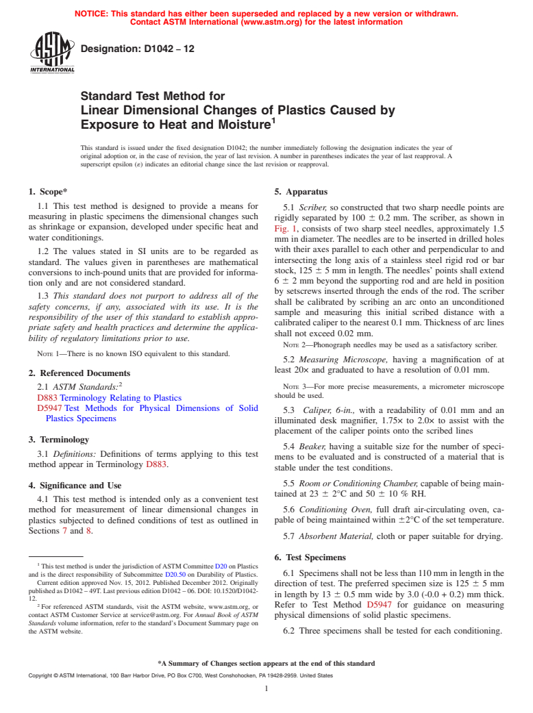 ASTM D1042-12 - Standard Test Method for  Linear Dimensional Changes of Plastics Caused by Exposure to  Heat and Moisture