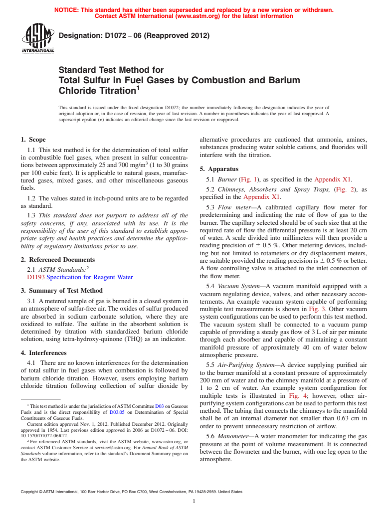 ASTM D1072-06(2012) - Standard Test Method for  Total Sulfur in Fuel Gases by Combustion and Barium Chloride  Titration