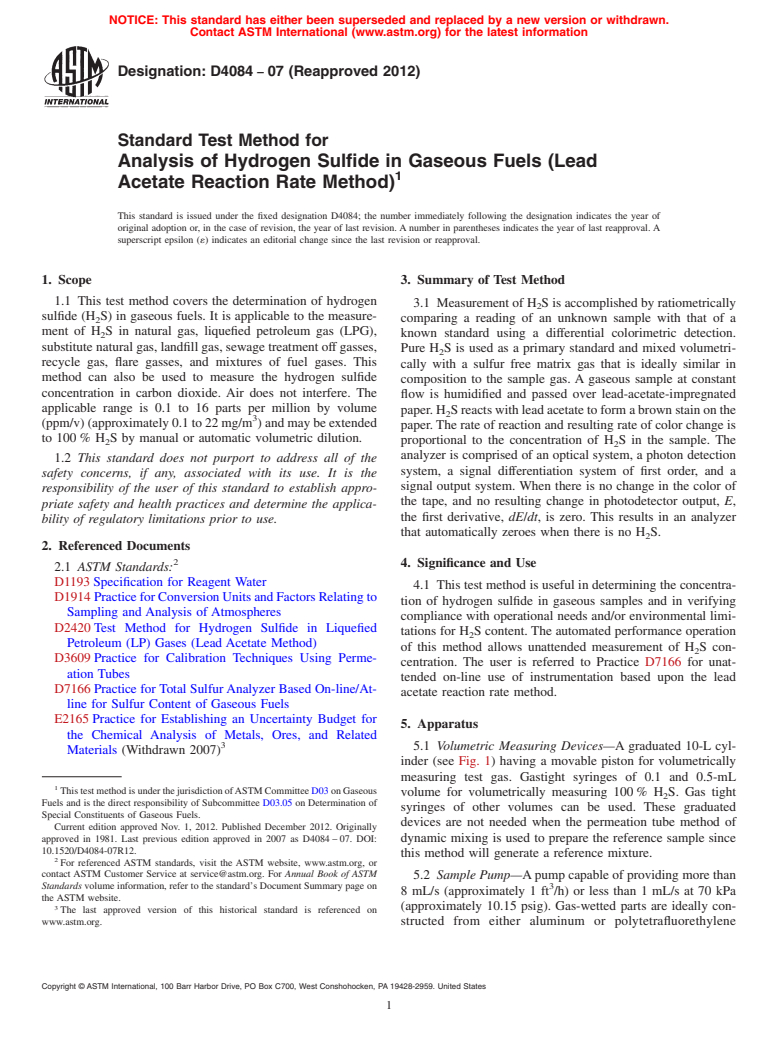 ASTM D4084-07(2012) - Standard Test Method for  Analysis of Hydrogen Sulfide in Gaseous Fuels (Lead Acetate  Reaction Rate Method)