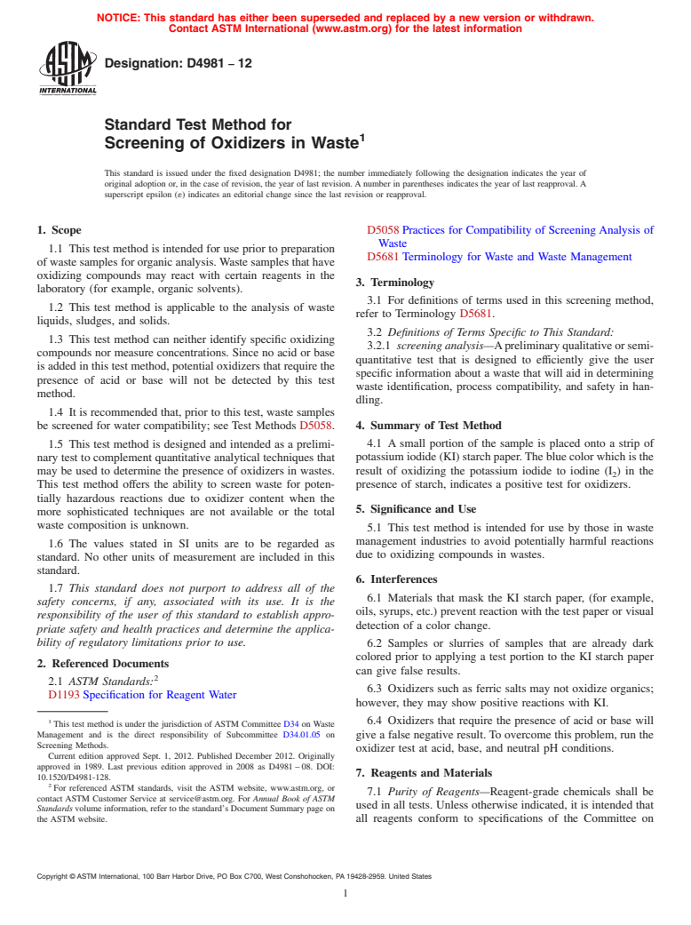 ASTM D4981-12 - Standard Test Method for  Screening of Oxidizers in Waste