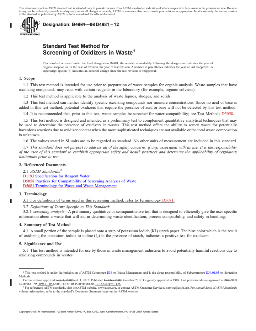 REDLINE ASTM D4981-12 - Standard Test Method for  Screening of Oxidizers in Waste