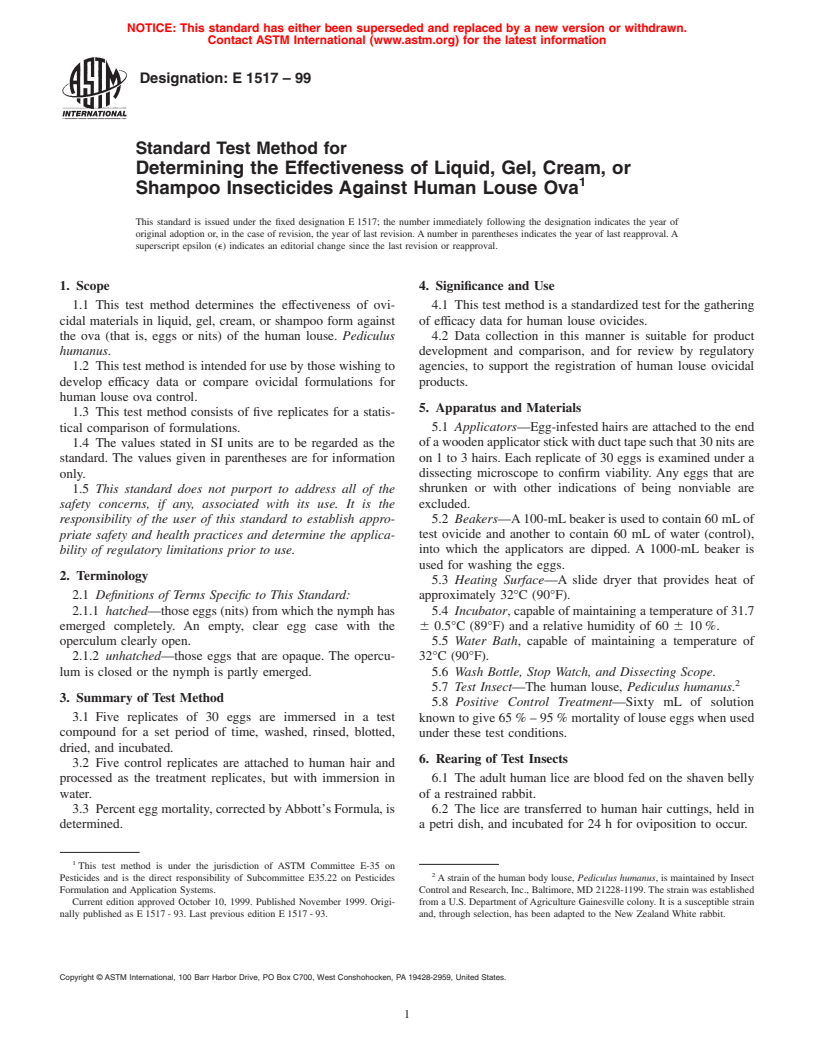 ASTM E1517-99 - Standard Test Method for Determining the Effectiveness of Liquid, Gel, Cream, or Shampoo Insecticides Against Human Louse OVA