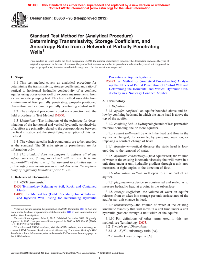 ASTM D5850-95(2012) - Standard Test Method for (Analytical Procedure)  Determining Transmissivity, Storage Coefficient, and Anisotropy   Ratio from a Network of Partially Penetrating Wells