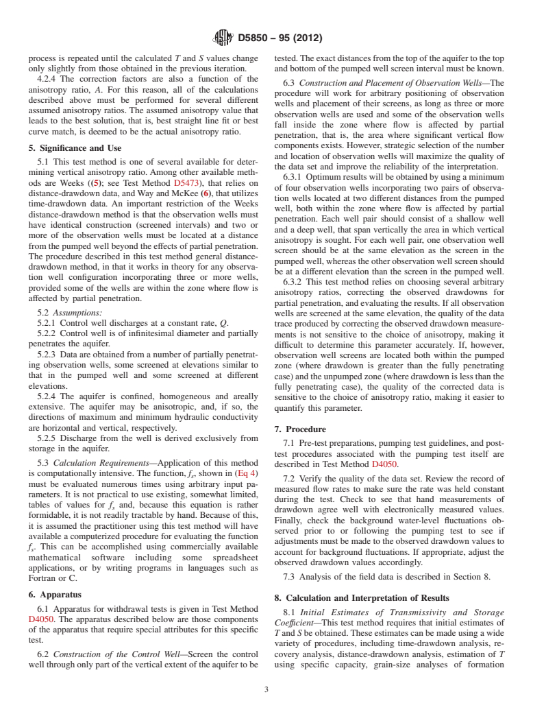 ASTM D5850-95(2012) - Standard Test Method for (Analytical Procedure)  Determining Transmissivity, Storage Coefficient, and Anisotropy   Ratio from a Network of Partially Penetrating Wells