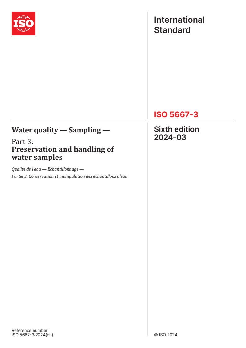 ISO 5667-3:2024 - Water quality — Sampling — Part 3: Preservation and handling of water samples
Released:29. 03. 2024