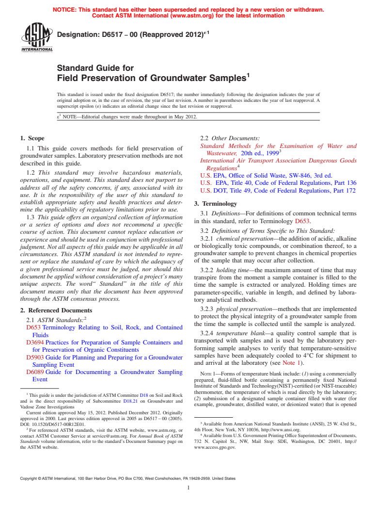 ASTM D6517-00(2012)e1 - Standard Guide for  Field Preservation of Groundwater Samples