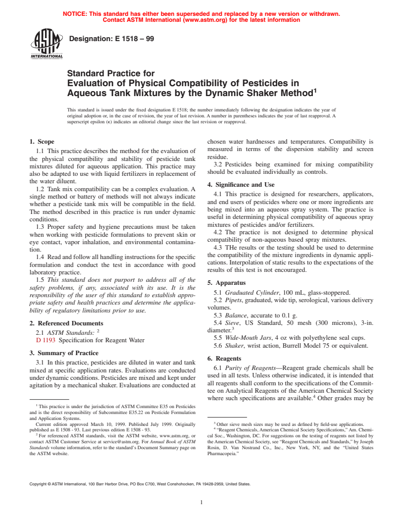 ASTM E1518-99 - Standard Practice for Evaluation of Physical Compatibility of Pesticides in Aqueous Tank Mixtures by the Dynamic Shaker Method