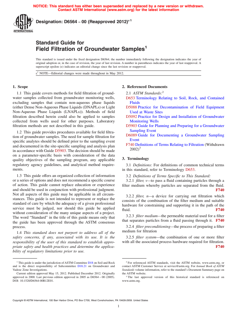 ASTM D6564-00(2012)e1 - Standard Guide for  Field Filtration of Groundwater Samples