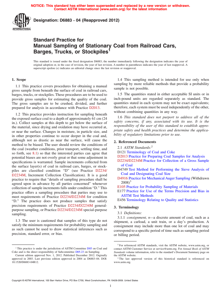 ASTM D6883-04(2012) - Standard Practice for  Manual Sampling of Stationary Coal from Railroad Cars, Barges,  Trucks, or Stockpiles