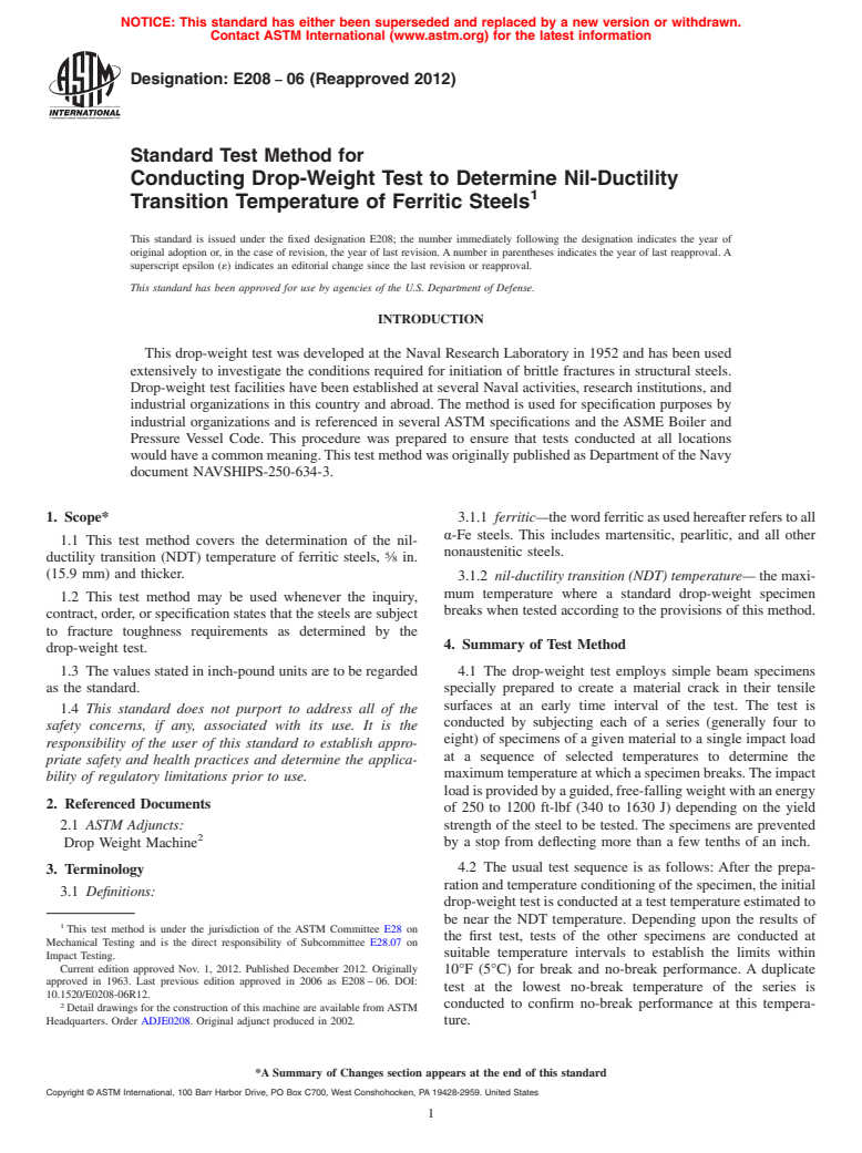 ASTM E208-06(2012) - Standard Test Method for  Conducting Drop-Weight Test to Determine Nil-Ductility Transition  Temperature of Ferritic Steels