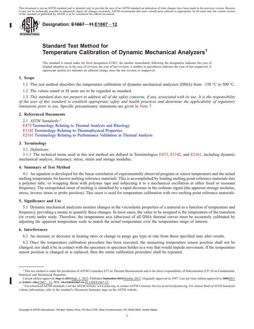 REDLINE ASTM E1867-12 - Standard Test Method for  Temperature Calibration of Dynamic Mechanical Analyzers