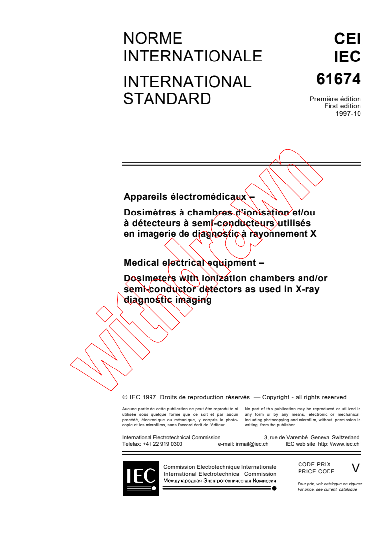IEC 61674:1997 - Medical electrical equipment - Dosimeters with ionization chambers and/or semi-conductor detectors as used in X-ray diagnostic imaging
Released:10/30/1997
Isbn:2831840945