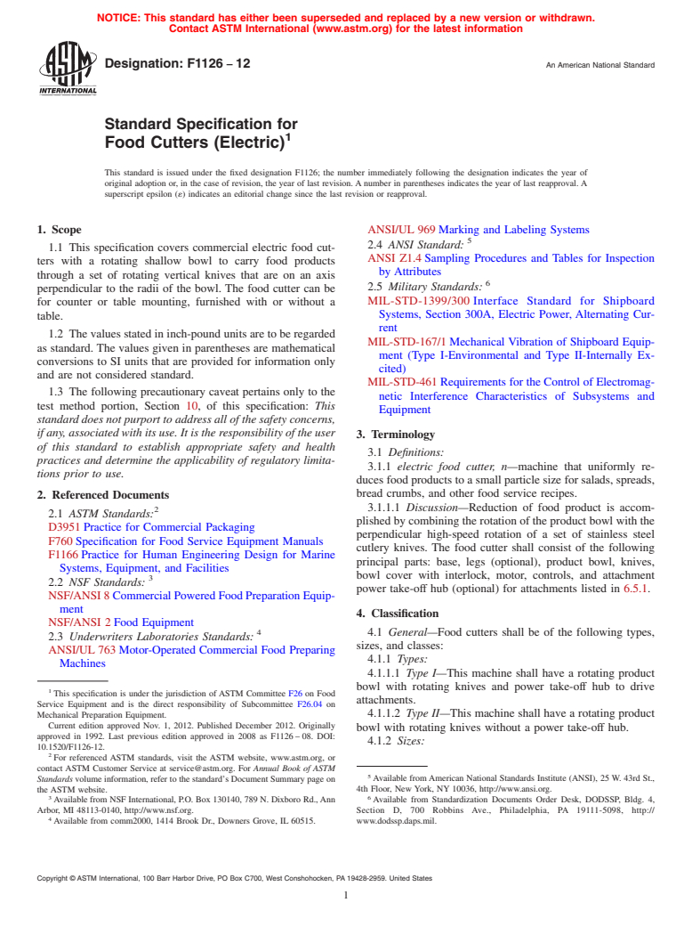 ASTM F1126-12 - Standard Specification for  Food Cutters (Electric)