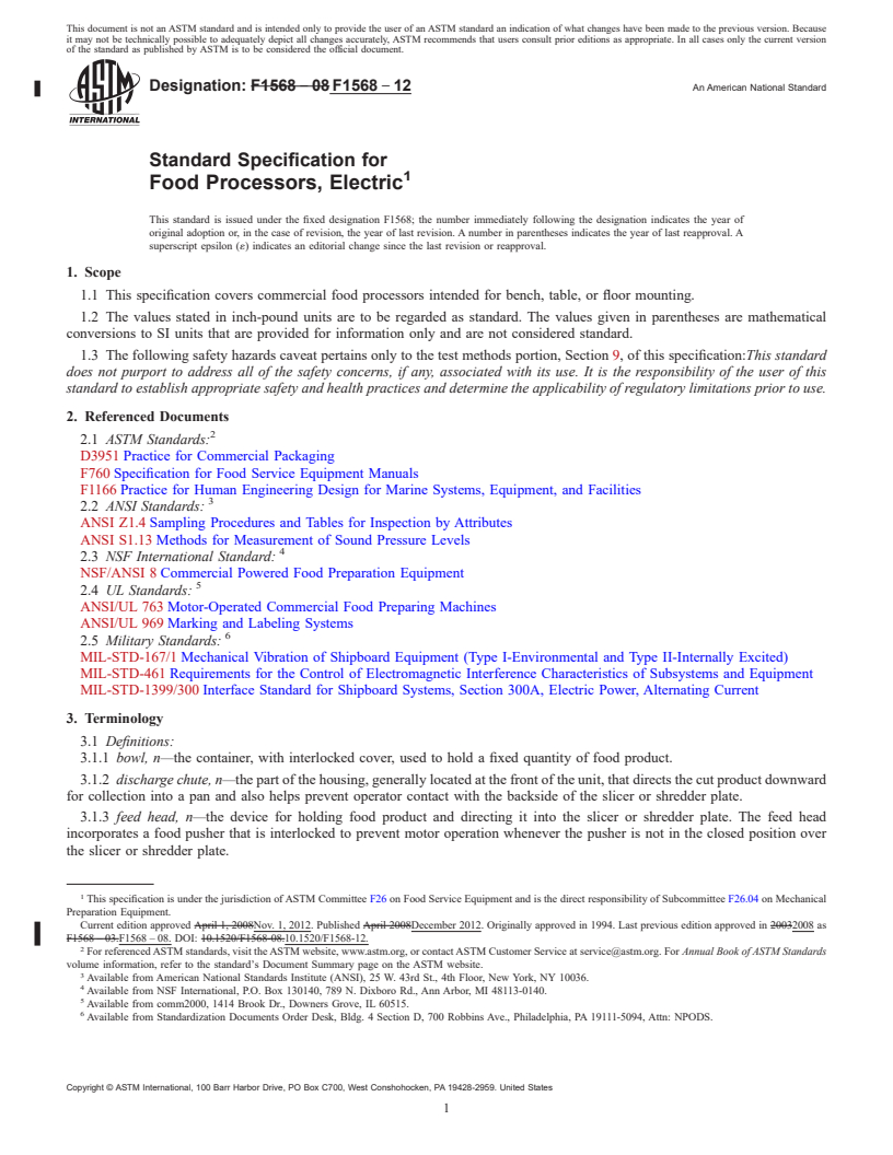 REDLINE ASTM F1568-12 - Standard Specification for  Food Processors, Electric