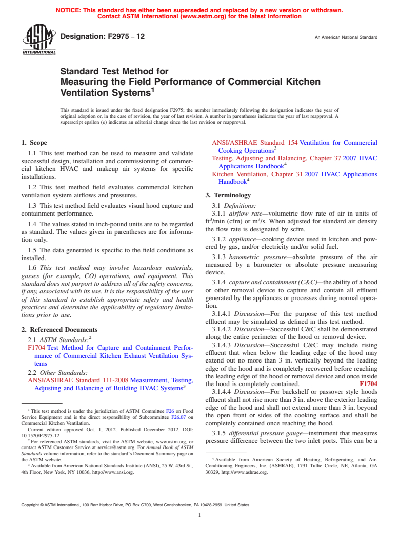 ASTM F2975-12 - Standard Test Method for Measuring the Field Performance of Commercial Kitchen Ventilation  Systems