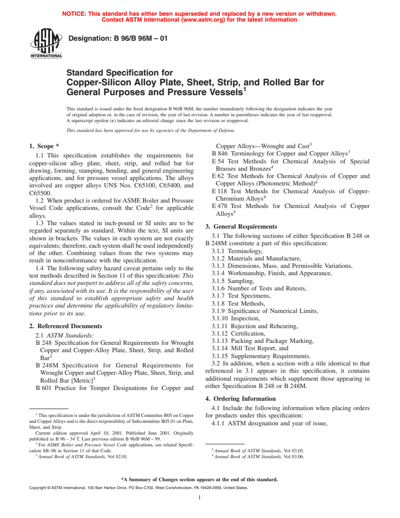 ASTM B96/B96M-01 - Standard Specification for Copper-Silicon Alloy Plate, Sheet, Strip, and Rolled Bar for General Purposes and Pressure Vessels
