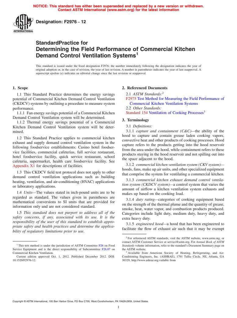 ASTM F2976-12 - Standard Practice for Determining the Field Performance of Commercial Kitchen Demand  Control Ventilation Systems