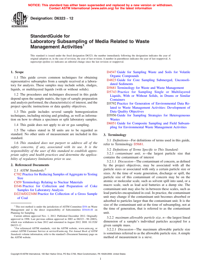 ASTM D6323-12 - Standard Guide for Laboratory Subsampling of Media Related to Waste Management Activities