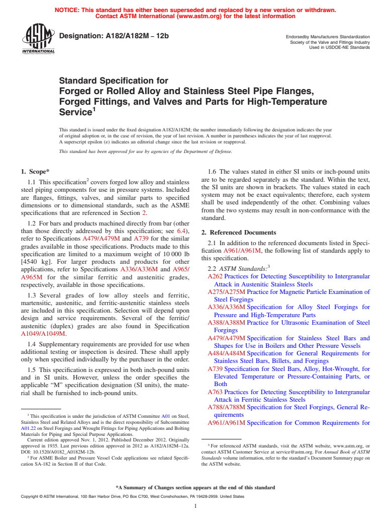ASTM A182/A182M-12b - Standard Specification for Forged or Rolled Alloy and Stainless Steel Pipe Flanges, Forged Fittings, and Valves and Parts for High-Temperature Service