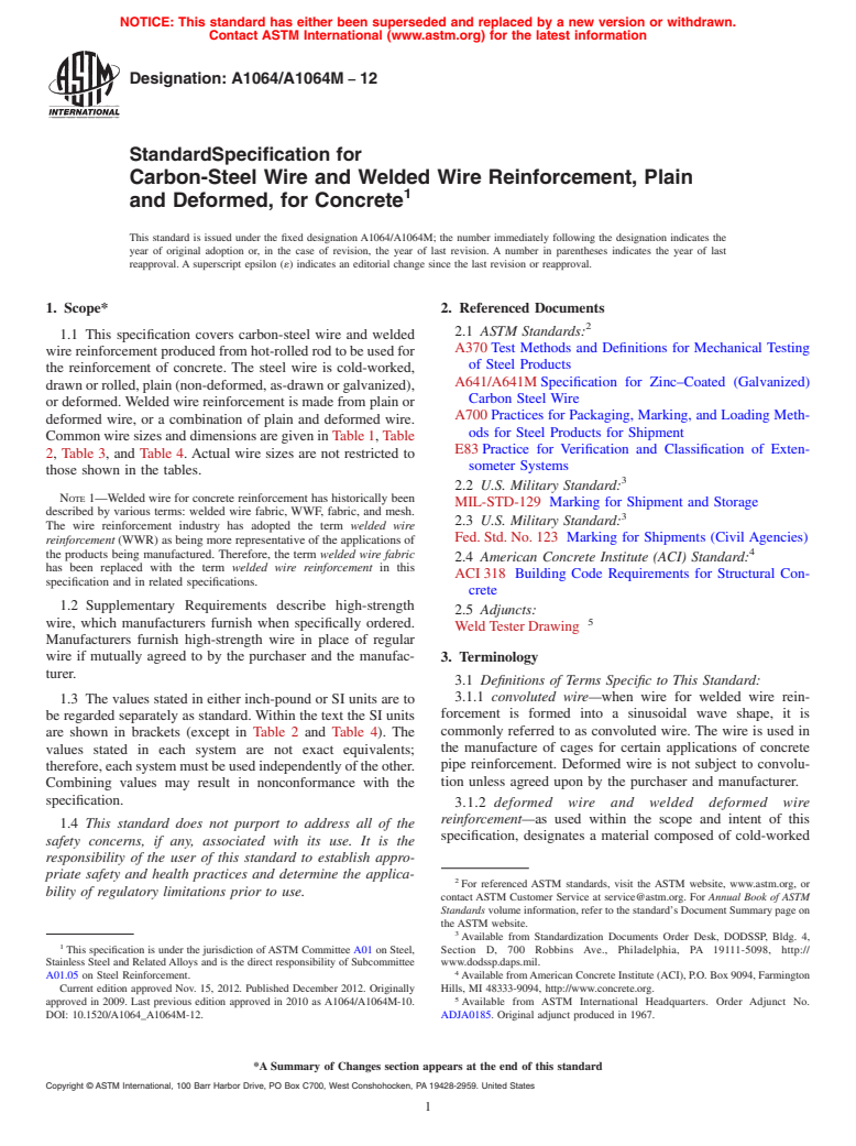 ASTM A1064/A1064M-12 - Standard Specification for Carbon-Steel Wire and Welded Wire Reinforcement, Plain and Deformed, for Concrete