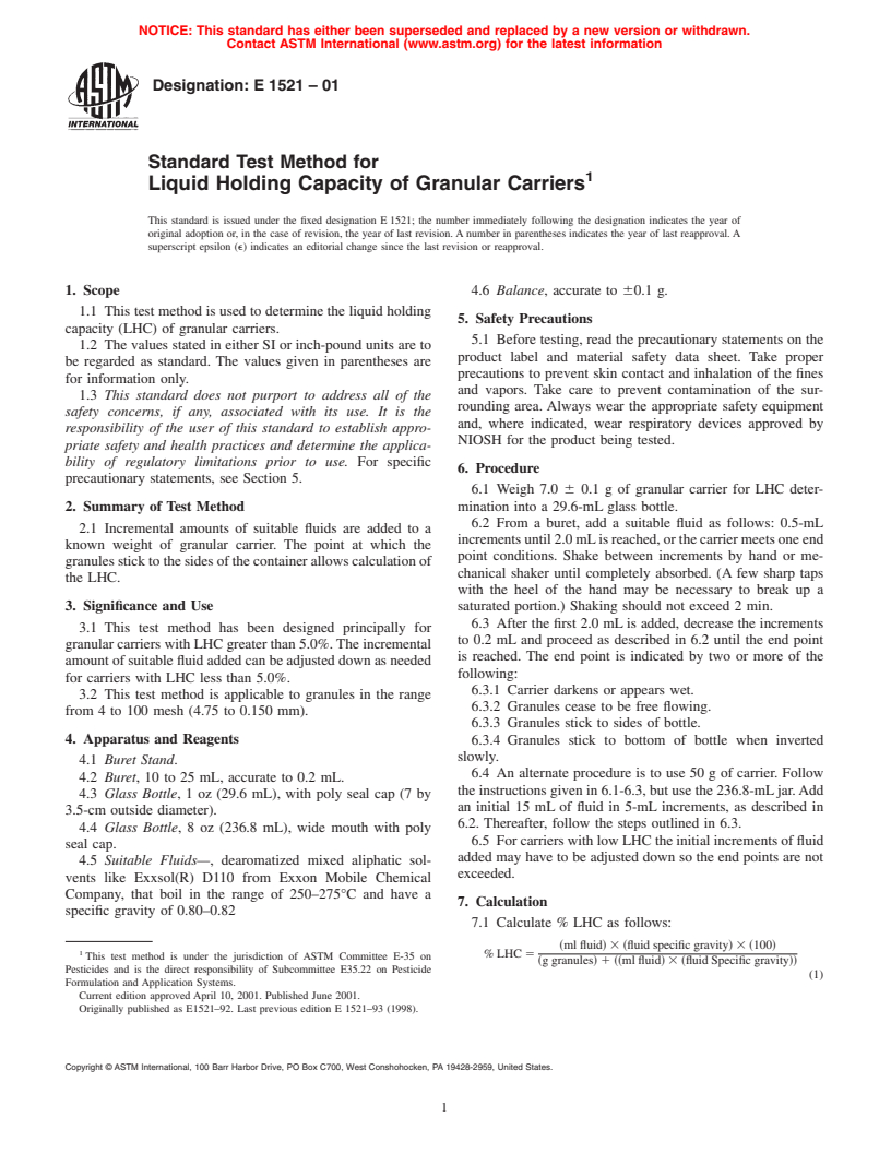 ASTM E1521-01 - Standard Test Method for Liquid Holding Capacity of Granular Carriers