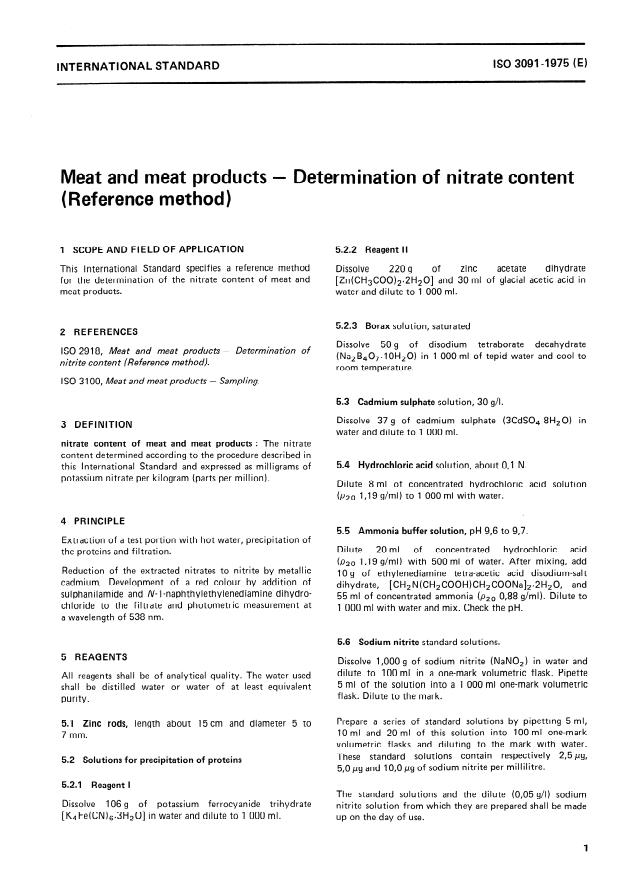 ISO 3091:1975 - Meat and meat products -- Determination of nitrate content (Reference method)