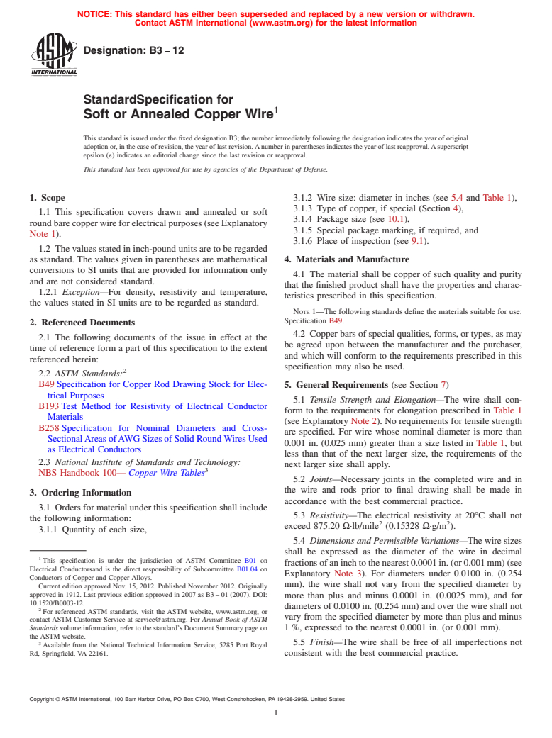 ASTM B3-12 - Standard Specification for Soft or Annealed Copper Wire