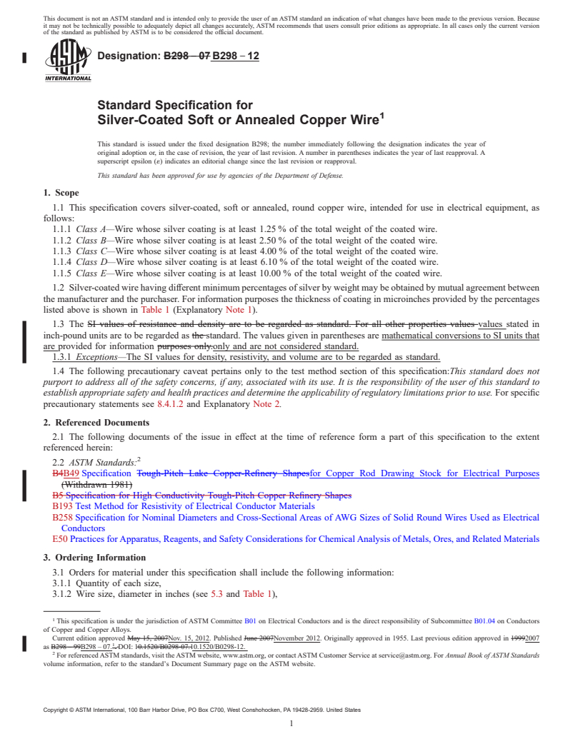 REDLINE ASTM B298-12 - Standard Specification for Silver-Coated Soft or Annealed Copper Wire