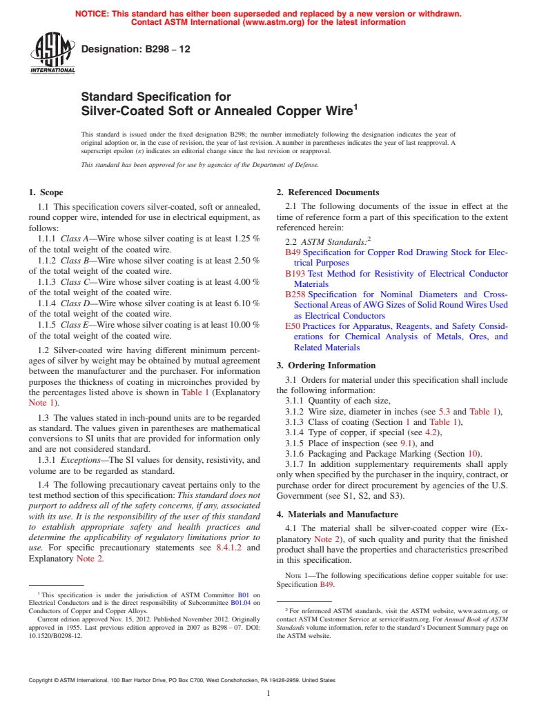 ASTM B298-12 - Standard Specification for Silver-Coated Soft or Annealed Copper Wire