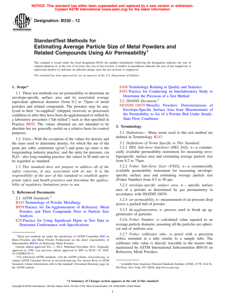 ASTM B330-12 - Standard Test Methods for  Estimating Average Particle Size of Metal Powders and Related  Compounds Using Air Permeability