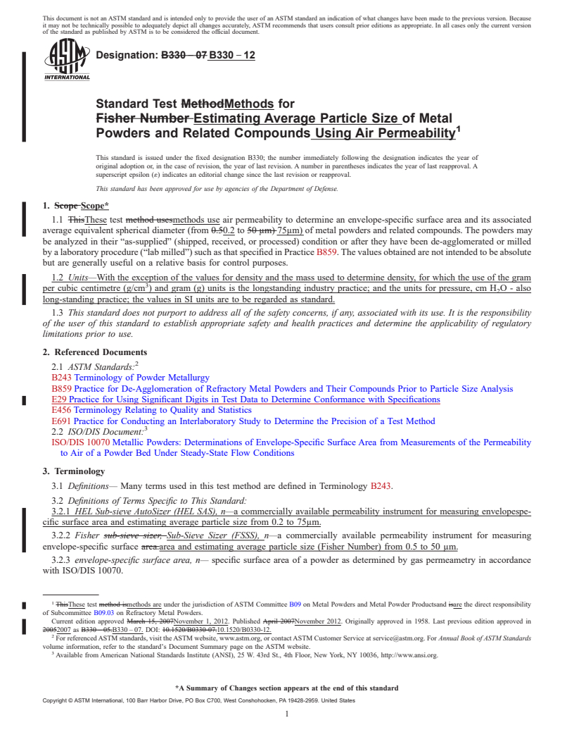 REDLINE ASTM B330-12 - Standard Test Methods for  Estimating Average Particle Size of Metal Powders and Related  Compounds Using Air Permeability