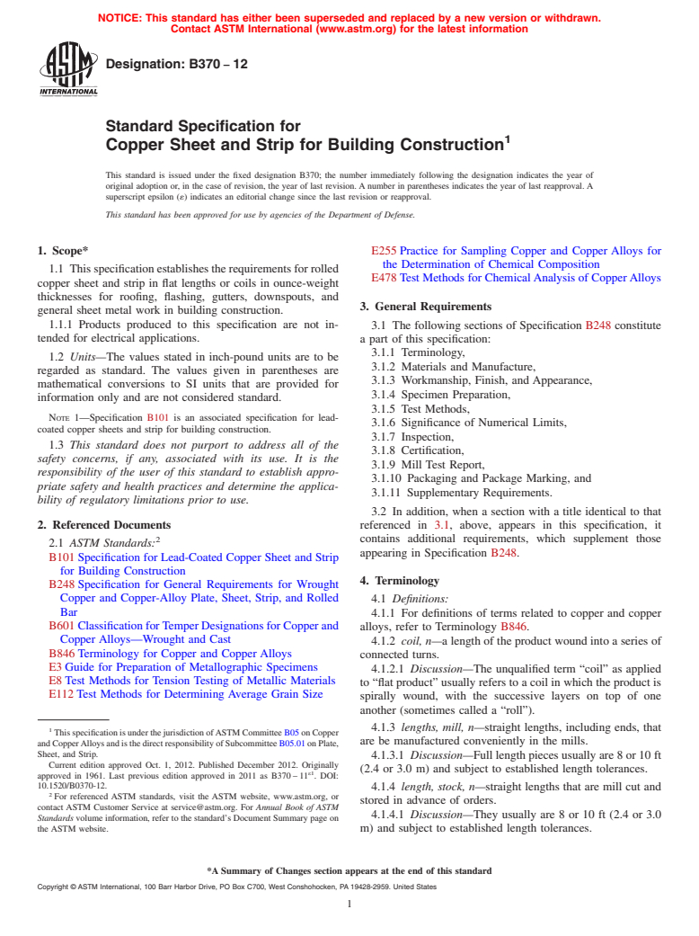 ASTM B370-12 - Standard Specification for Copper Sheet and Strip for Building Construction