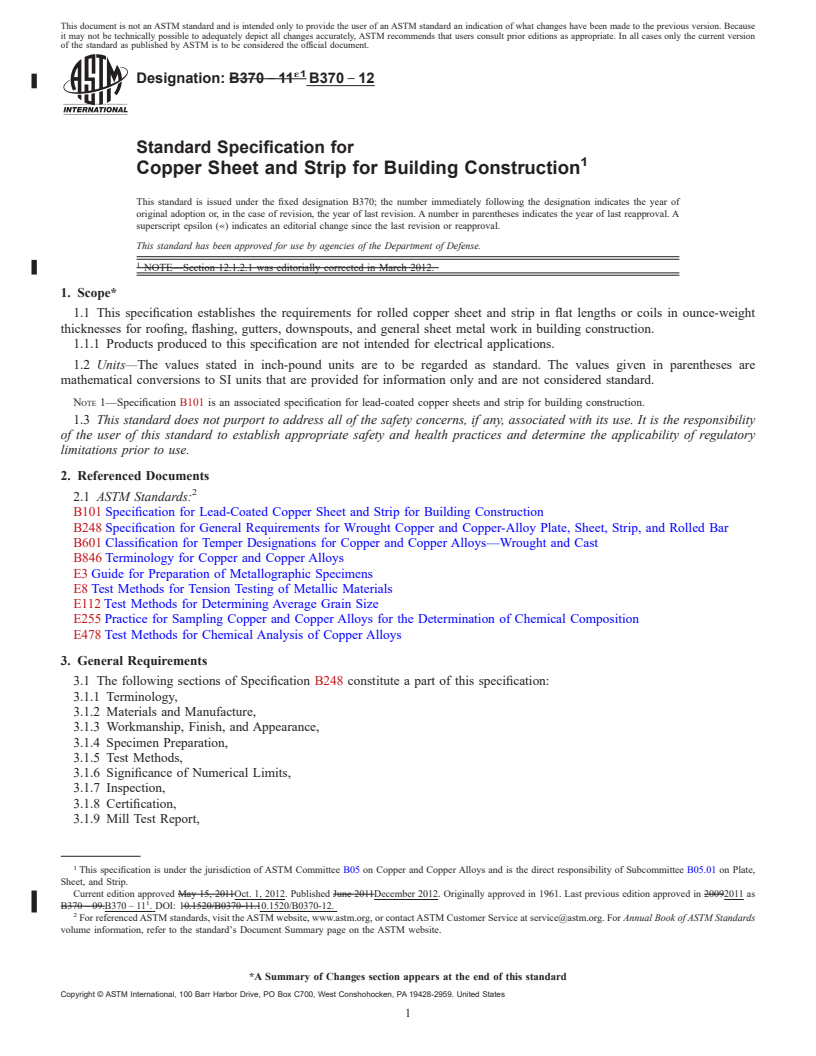 REDLINE ASTM B370-12 - Standard Specification for Copper Sheet and Strip for Building Construction