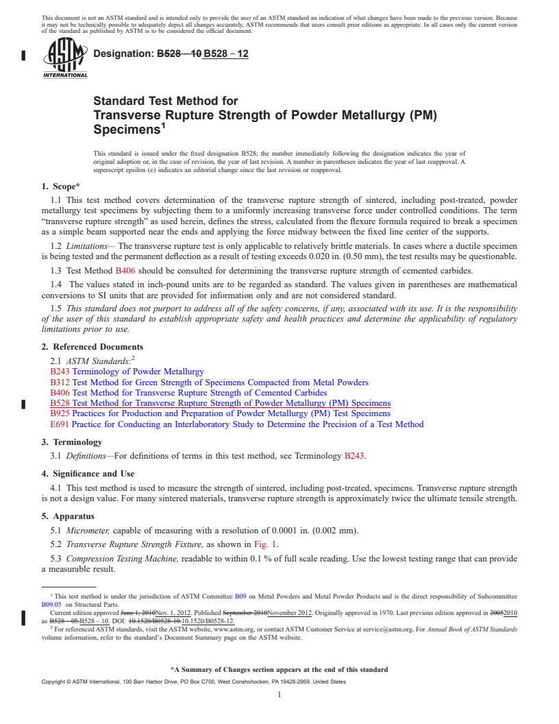 REDLINE ASTM B528-12 - Standard Test Method for  Transverse Rupture Strength of Powder Metallurgy (PM) Specimens