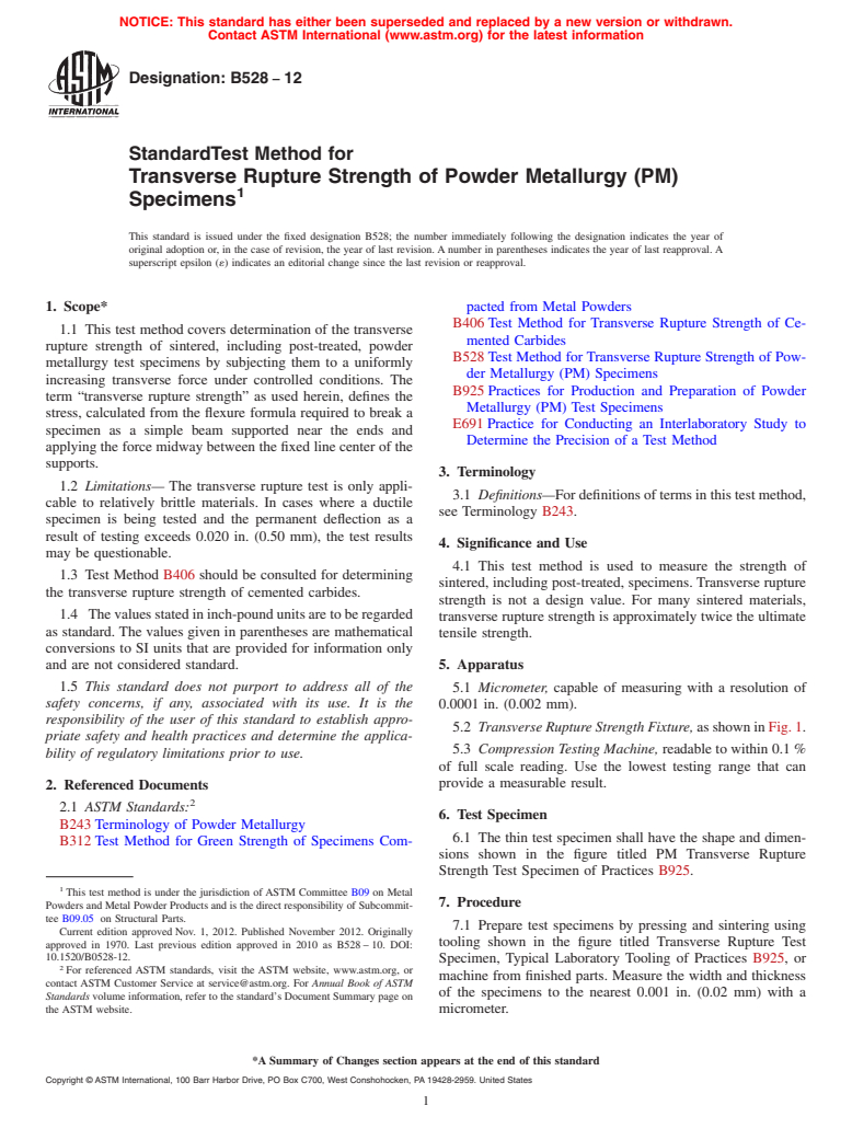 ASTM B528-12 - Standard Test Method for  Transverse Rupture Strength of Powder Metallurgy (PM) Specimens