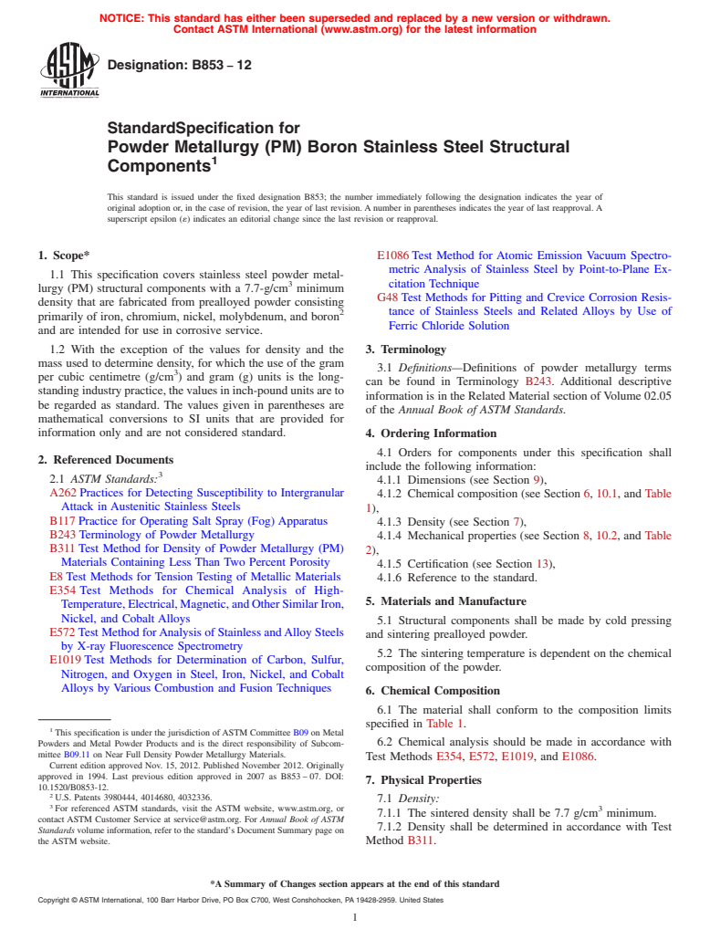 ASTM B853-12 - Standard Specification for  Powder Metallurgy (PM) Boron Stainless Steel Structural Components