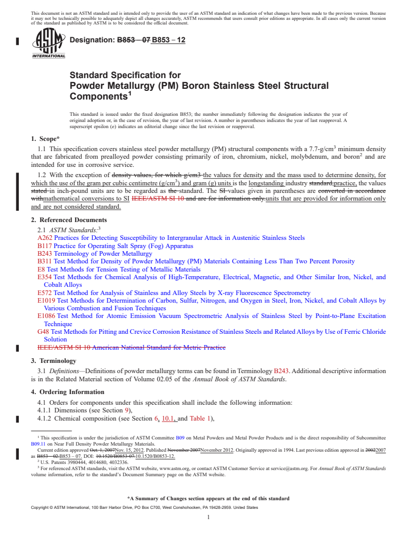 REDLINE ASTM B853-12 - Standard Specification for  Powder Metallurgy (PM) Boron Stainless Steel Structural Components